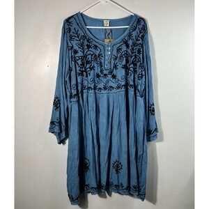 Womens Riviera Sun Boho Embroidered Dress Blue Black 2X Wide 3/4 Sleeve NWT
